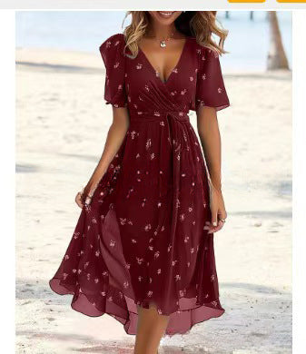 Robe Midi Femme Cache-Cœur à Fleurs – Style A-Line à Manches Courtes