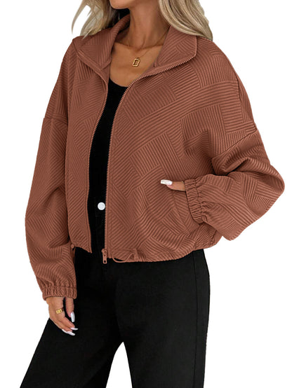 Women's stand-collar zip-up jacket – Loose fit, drawstring hem, casual fall-winter style