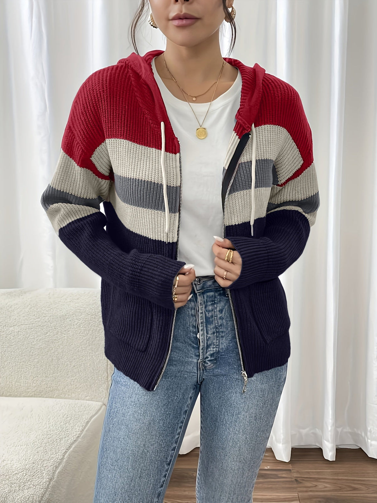 Women's zip-up color-block hooded cardigan - Comfortable and modern