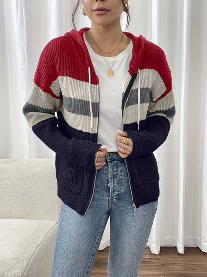 Women's zip-up color-block hooded cardigan - Comfortable and modern
