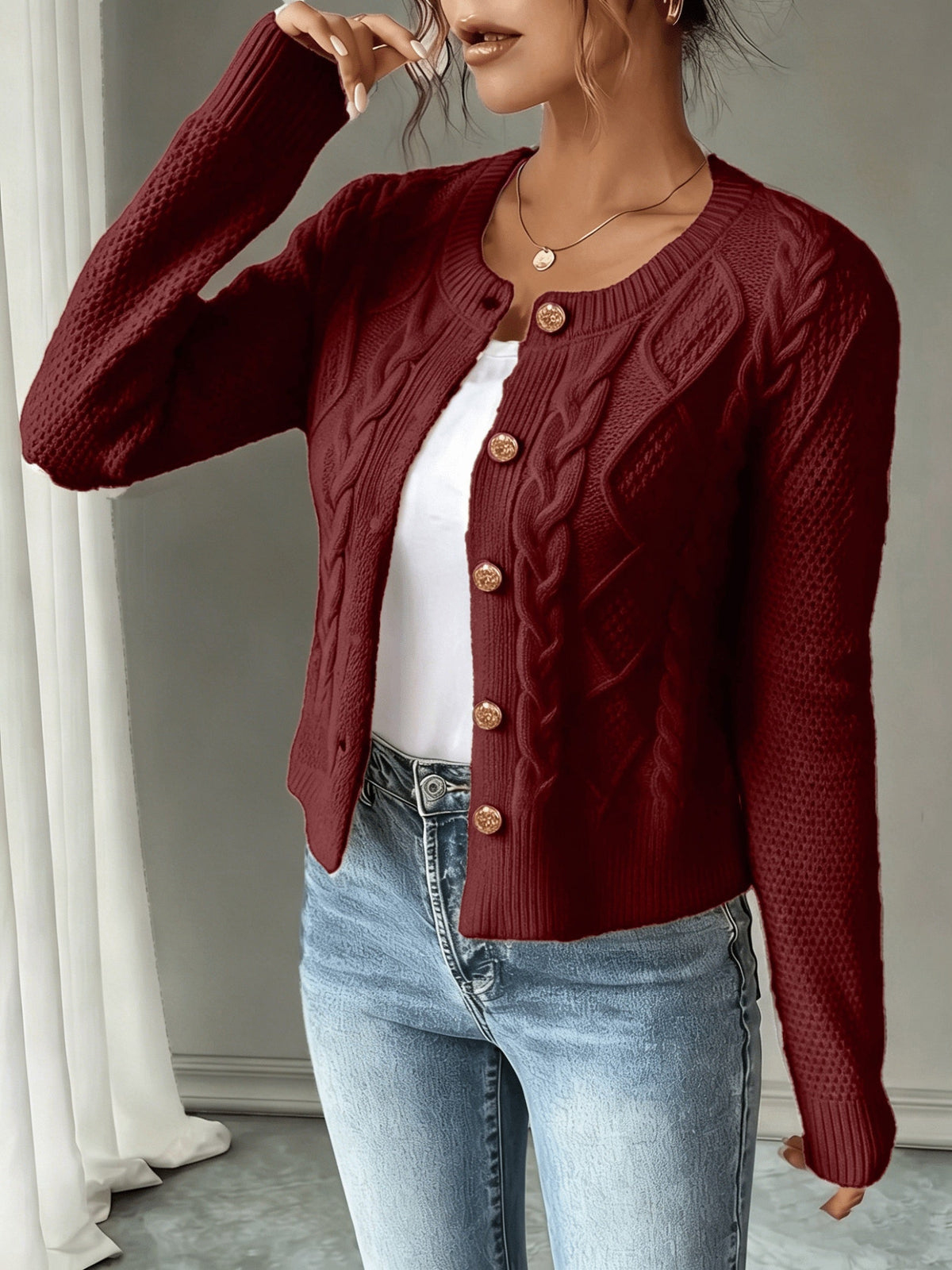 Cárdigan de punto trenzado para mujer con botones - Elegante y suave