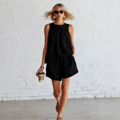 Ensemble femme retro top plisse sans manches et short large - Elegant et estival
