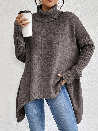 Pull Col Roulé Irrégulier pour Femmes – Pull Tricoté Ample à Manches Longues