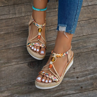 Sandales Femme à Talon Compensé Bohème – Chaussures d’Été Confortables à Petit Talon