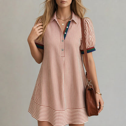 Striped shirt dress for women with a stand-up collar and puff sleeves