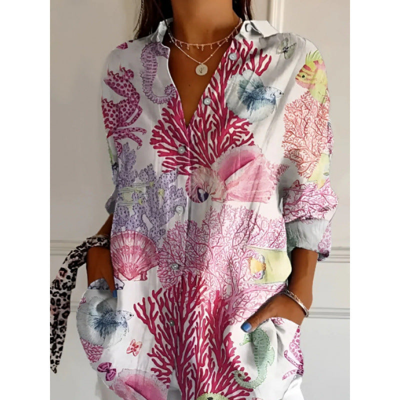 Chemise Femme à Imprimé Floral Coloré – Haut Boutonné Décontracté à Manches Longues