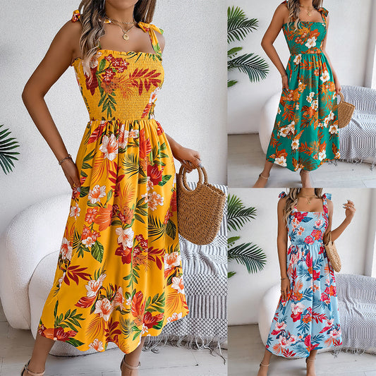 Floral Corset Mid-Length Dress for Women – Elegant Summer Outfit for Beach Holidays