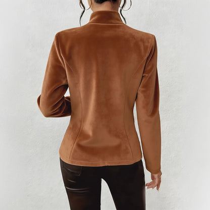 Blazer femme effet suedine a col V et trois boutons