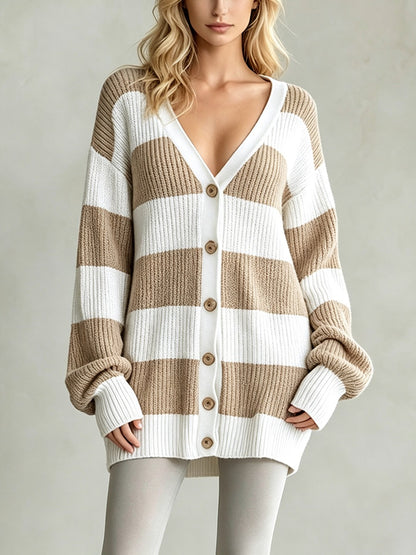 Cardigan-cappotto da donna a righe in maglia - Morbido e confortevole