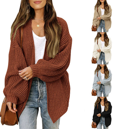 Cardigan-mantella da donna in maglia grossa – Stile oversize confortevole con maniche a lanterna