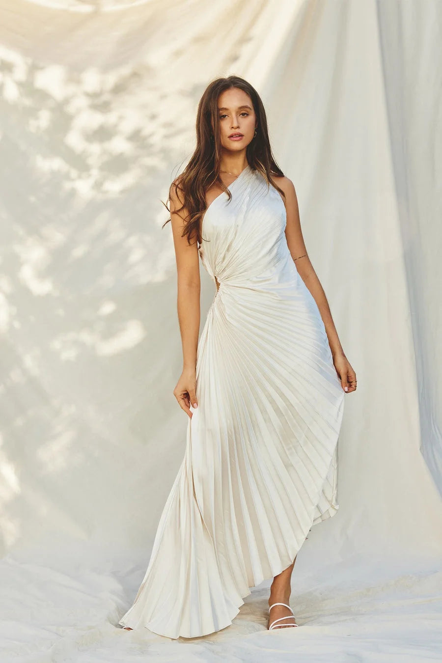 Asymmetric pleated maxi dress for women - Elegant and flowing