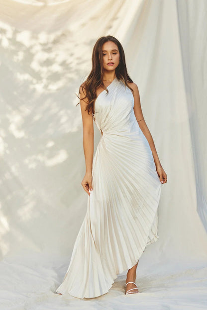Asymmetric pleated maxi dress for women - Elegant and flowing