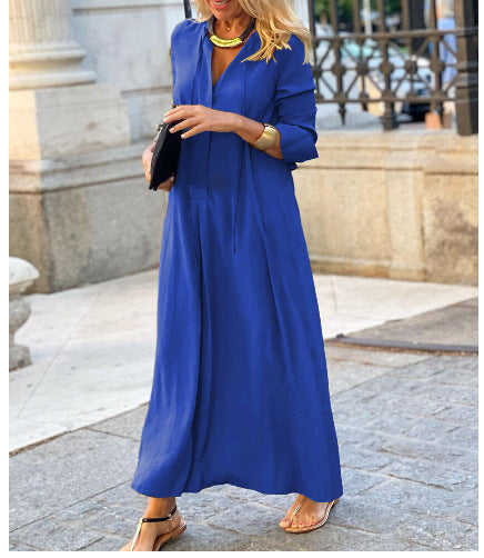 Robe Maxi Femme Coupe Décontractée à Col V – Style Élégant à Manches Longues