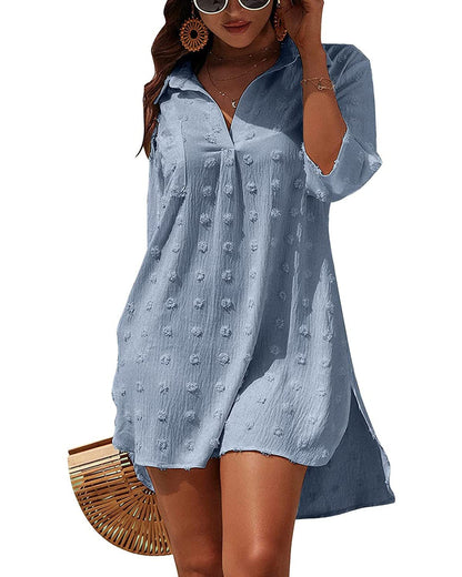 Solid Color Women's Beach Dress – Sun Protection Style with Three-Quarter Sleeves
