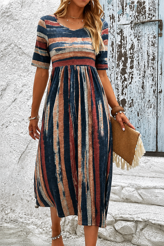 Vestido midi a rayas para mujer con efecto abdomen difuminado - Fluido y favorecedor