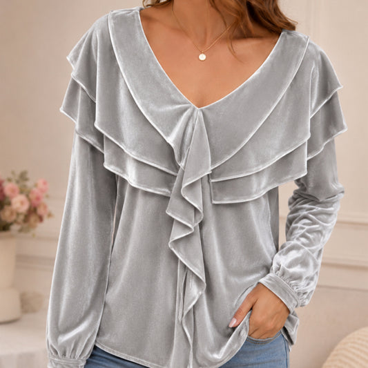 Women's Velvet Top with V-Neck and Ruffles – Elegant, Chic, Feminine Style