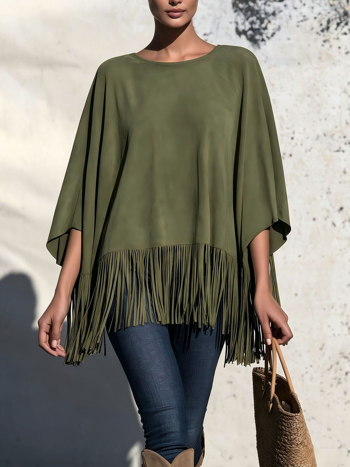 Chemisier femme ample col rond a franges - Fluide et original
