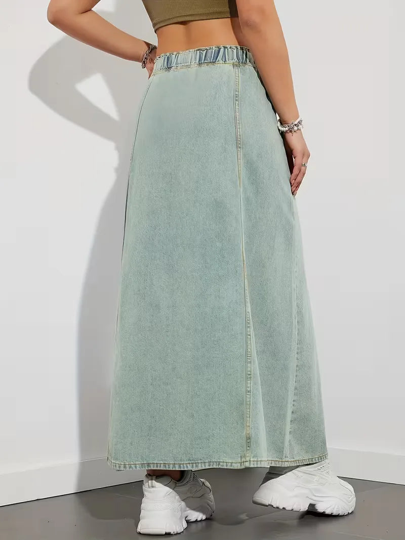 Women's maxi denim skirt with elastic waistband - Comfortable and practical