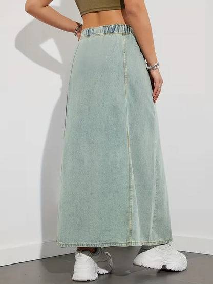 Women's maxi denim skirt with elastic waistband - Comfortable and practical