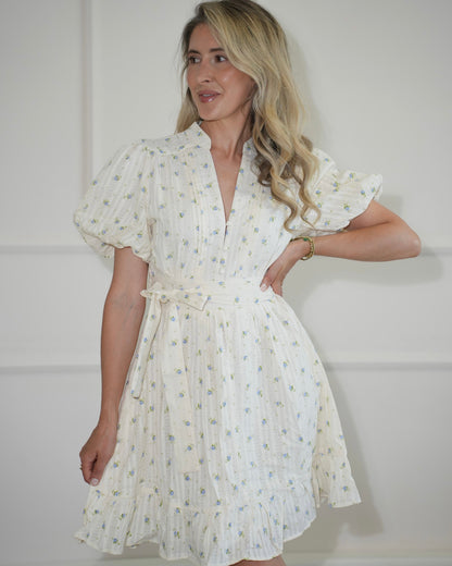 Robe midi fleurie femme – Manches bouffantes et ceinture à la taille