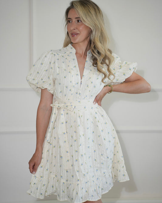 Robe midi fleurie femme – Manches bouffantes et ceinture à la taille
