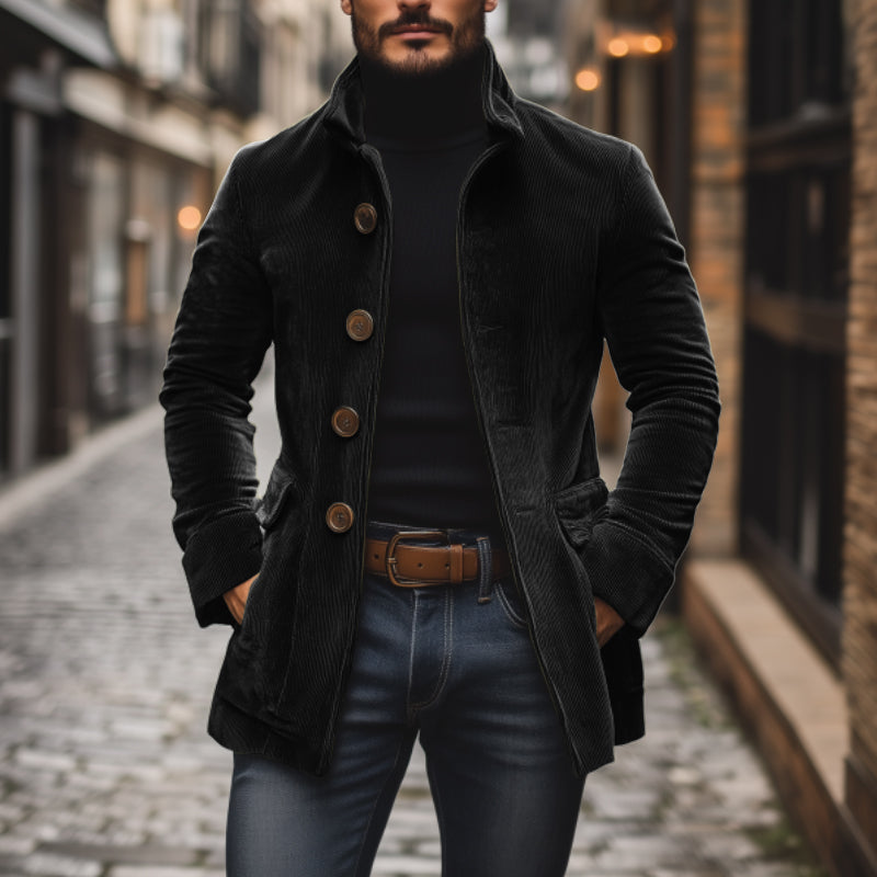 Manteau court ajusté en velours côtelé à col montant pour homme
