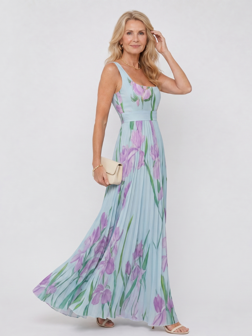 Vestito midi plissettato da donna senza maniche con scollo quadrato - Elegante ed estivo