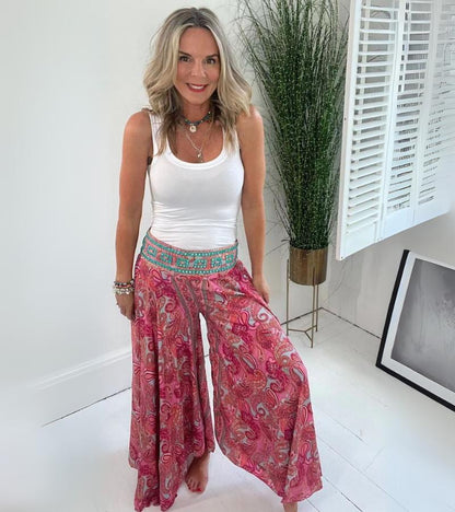Pantalon Palazzo Bohème Élégant Femme – Pantalon Large Décontracté Taille Élastique