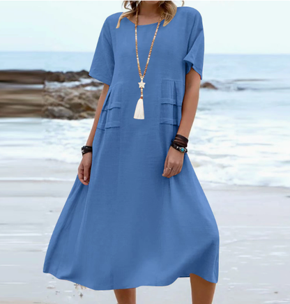 Women's loose midi dress in breathable cotton linen with short sleeves