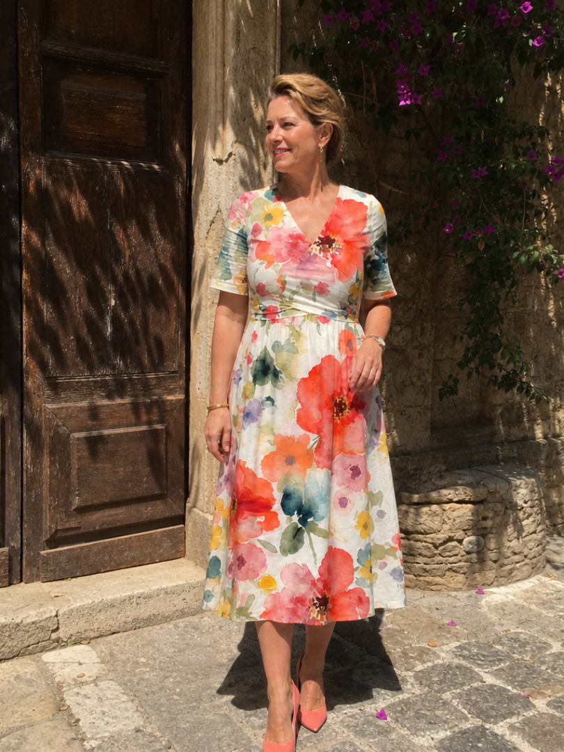 Women's floral midi dress with V-neck and short sleeves - Light and flattering