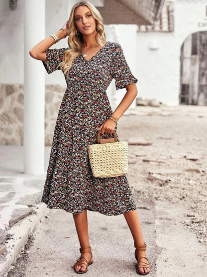 Robe Midi Fleurie Femme à Col V – Robe d’Été Légère à Manches Courtes