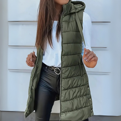 Doudoune longue sans manches femme – Gilet matelassé à capuche léger et chaud