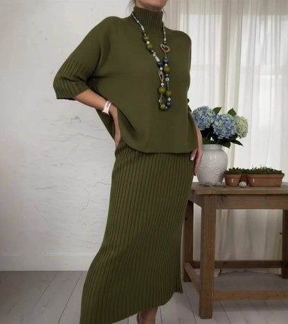 Ensemble Tricot Élégant Femme – Pull Col Roulé Côtelé et Jupe Midi