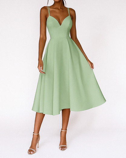 Robe Midi Élégante pour Invitée de Mariage Femme – Robe Flare Plissée à Décolleté V et Bretelles