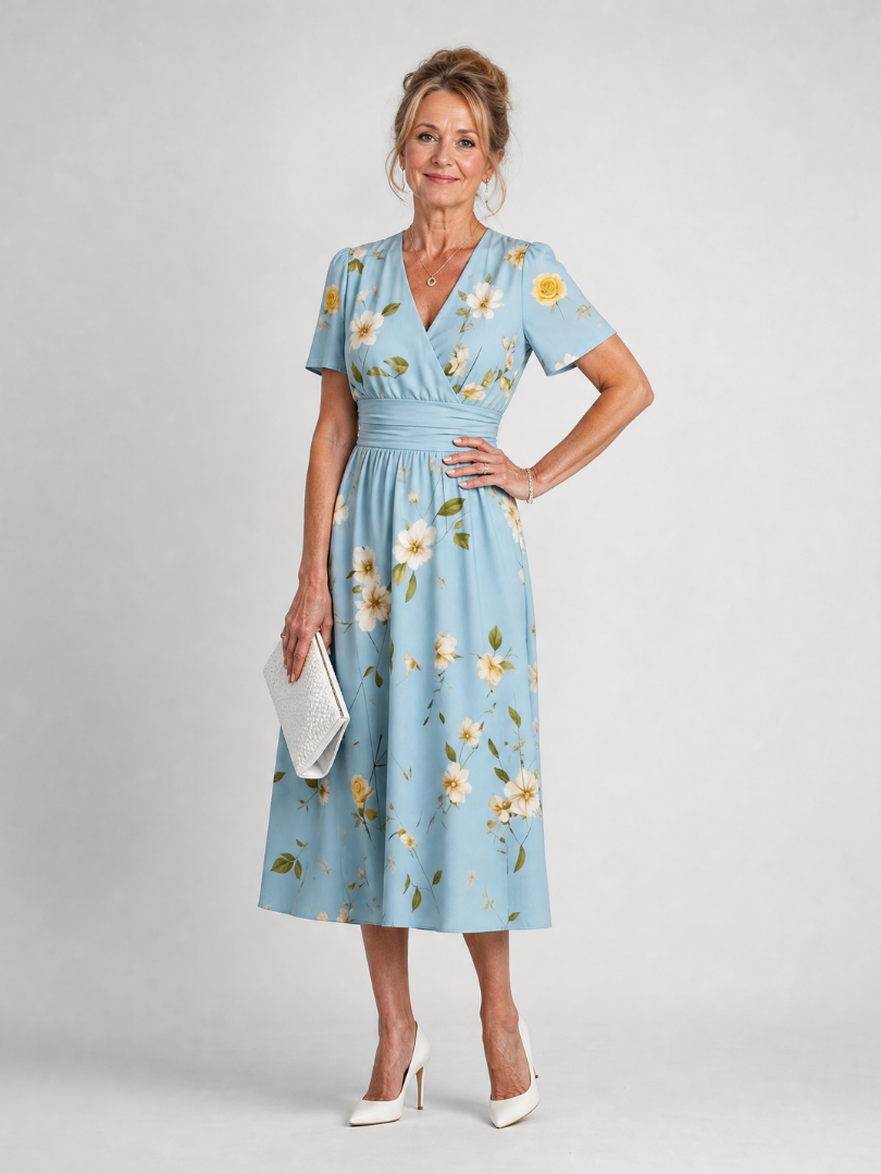 Women's floral midi dress with V-neck and short sleeves - Lightweight and summery