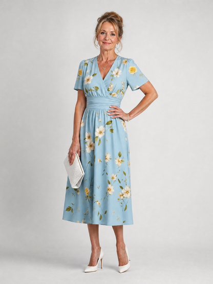 Women's floral midi dress with V-neck and short sleeves - Lightweight and summery