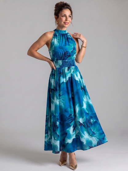 Women's Midi Dress with Abstract Print and Ruched Waist - Flowing and Elegant