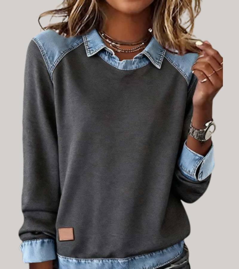 Pull Élégant Bimatière Femme – Sweat Confort avec Finition Denim