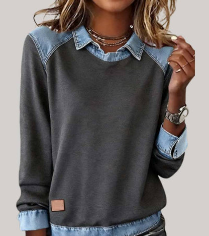 Pull Élégant Bimatière Femme – Sweat Confort avec Finition Denim