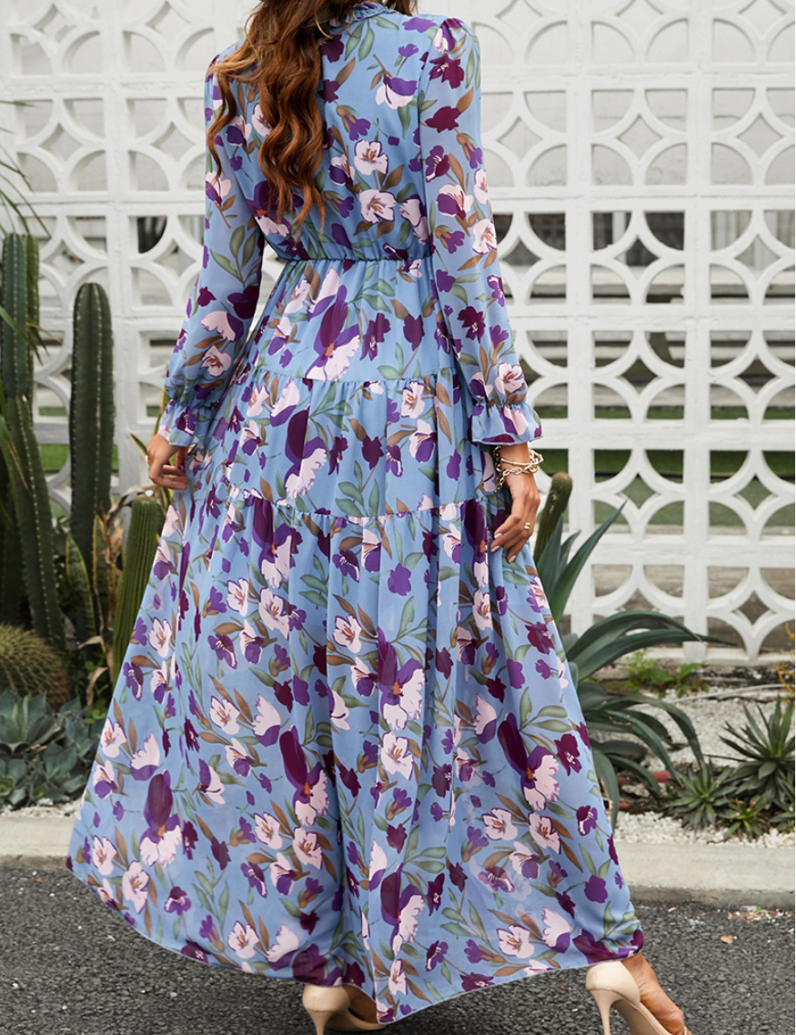 Robe Maxi Bohème en Chiffon à Fleurs Femme – Style Élégant Fluide à Manches Longues