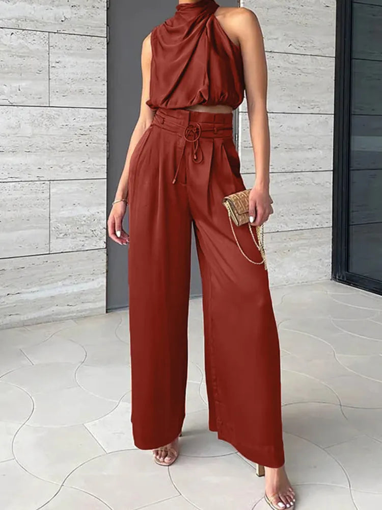 Ensemble 2 pièces chic – Crop top dos nu  pantalon large palazzo féminin