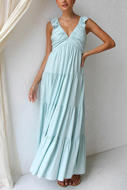 Robe Maxi en Lin Margovil – Col V avec Volants et Jupe à Niveaux Sans Manches