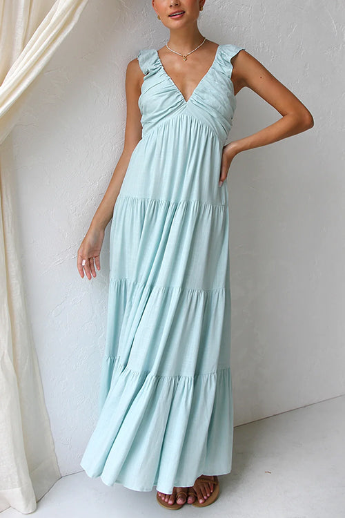 Margovil Linen Maxi Dress – V-Neck with Ruffles and Tiered Skirt Sleeveless