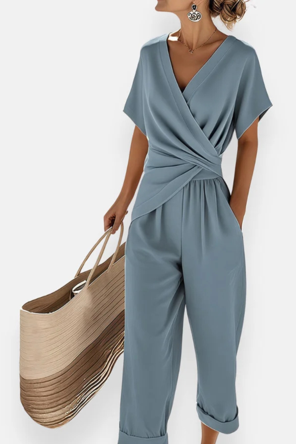 Combinaison courte portefeuille pour femme – Manches courtes et poches – Style décontracté d'été