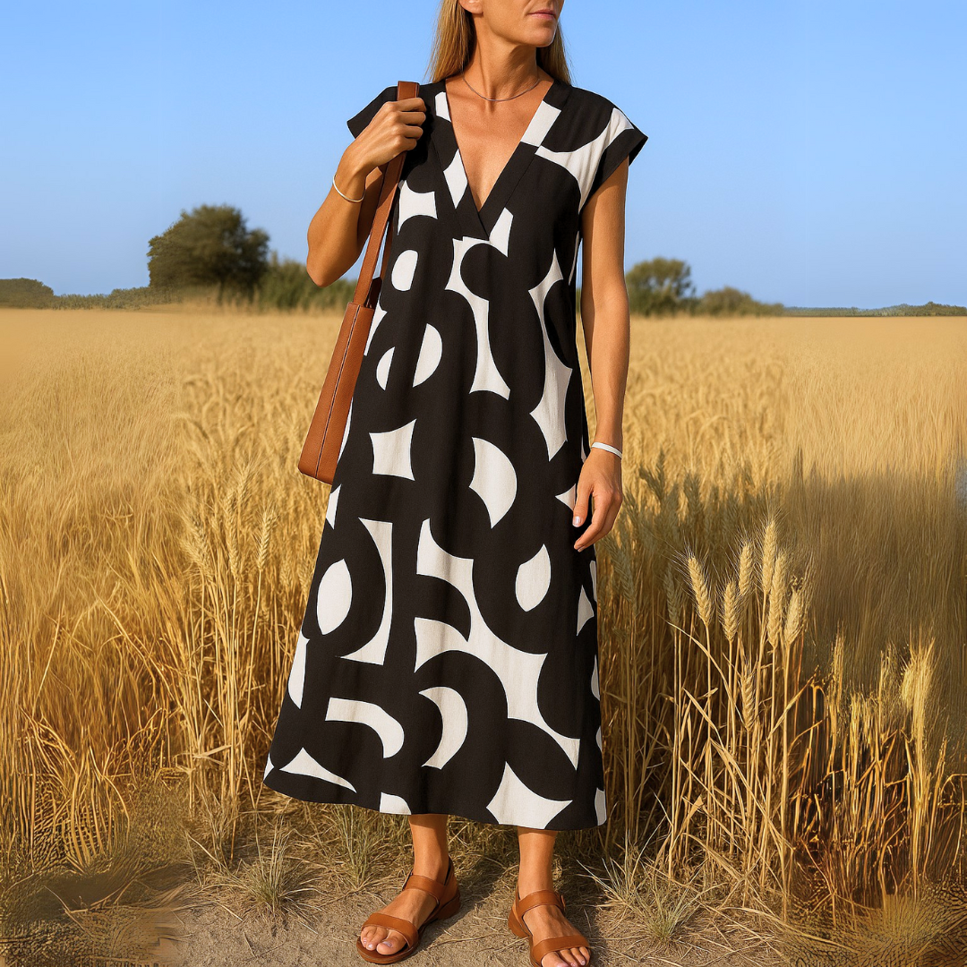 Robe midi Shaira imprimé géométrique noir et blanc col V