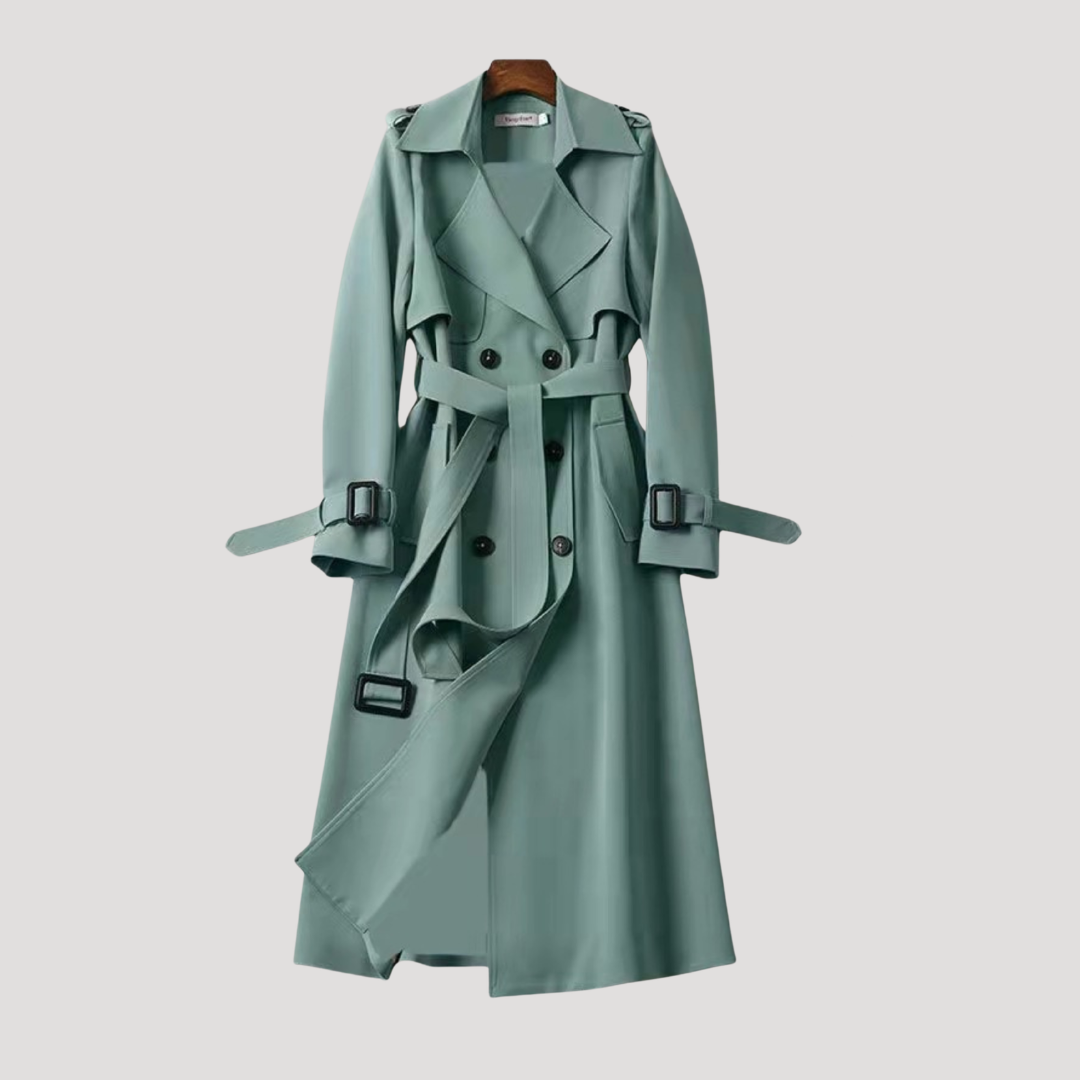 Gabardina femenina entallada con cinturón y doble botonadura – estilo elegante atemporal