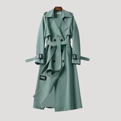 Gabardina femenina entallada con cinturón y doble botonadura – estilo elegante atemporal