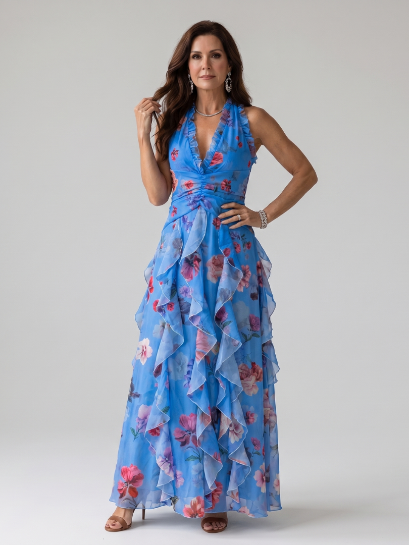 Women's Floral Maxi Dress with Halter Neck and Ruched Bustier - Refined and Summery