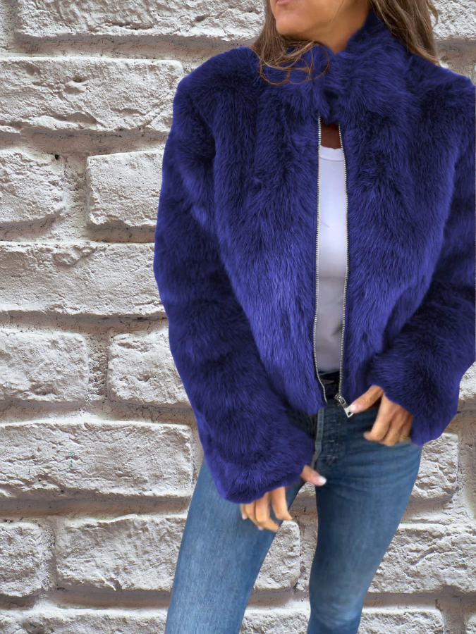 Veste Femme Courte Zippée Manches Longues Avec Fausse Fourrure