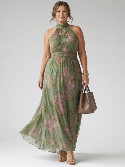 Women's Ruched Midi Dress with Halter Neck - Elegant and Feminine
